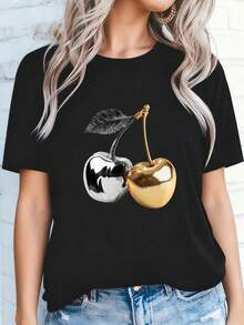 Women'S Elegant Cherry Print T Shirt With Golden & Silver Cherry Design, Round Neck Short Sleeve Casual Top For Everyday & Formal Outfits Spring Summer, Holiday Gift Apparel, Cherry T Shirt, - Đen 1 - Xem 2