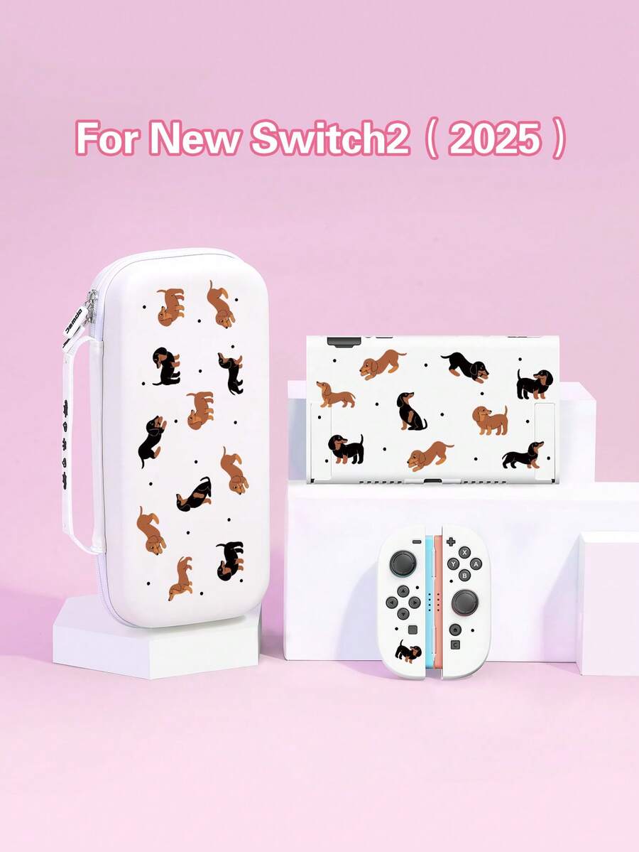 1个腊肠犬波点图案保护壳/保护套,兼容Switch2 (2025)、Switch NS、Switch OLED、Switch Lite,Switch2/Switch配件,全套包含带卡槽的底座、收纳袋、Switch保护壳,Switch玩家的最佳礼物 - 彩色 - 查看 1