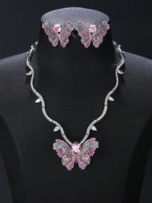 1 Bộ 4 món trang sức sang trọng phong cách đồng khảm đá Cubic Zirconia Bộ vòng cổ hoa tai trâm cài, vòng cổ hoa tai đa năng hình con bướm trang sức trâm cài - Bộ đồ sang trọng - Xem 1