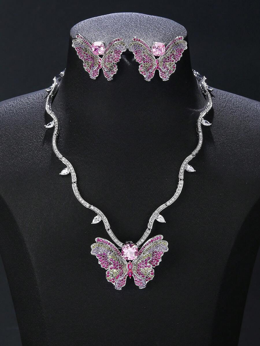 1 Bộ 4 món trang sức sang trọng phong cách đồng khảm đá Cubic Zirconia Bộ vòng cổ hoa tai trâm cài, vòng cổ hoa tai đa năng hình con bướm trang sức trâm cài - Bộ đồ sang trọng - Xem 1