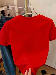 T-shirt à col ras-du-cou à manches courtes de mode minimaliste pour femmes de grande taille avec décoration de strass en forme de cœur, cadeau pour les amis - Rouge - Voir 2