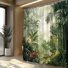 1pc Tropical Rainforest Shower Curtain With Frosted Effect - Vibrant Palm Leaves, Ferns And White Lilies Design, Durable Polyester Fabric, Machine Washable, Includes Hooks, Green Botanical Bathroom Decor, Suitable For Tropical Oasis, Bathroom Essentials, Shower Curtain Set, Home Decor, Bathroom Decoration, Bathroom Accessories, Gift - Multicolor - View 2