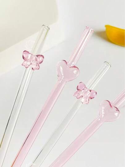 1/3/4/5 قطعة من القش الزجاجي القابل لإعادة الاستخدام بشكل قلب وردي - قش شرب غير قابل للكسر، يأتي مع فرشاة تنظيف وكم للقش. مناسب لشاي البوبل، العصير، السموذي، المشروبات الباردة، الحفلات والمستلزمات المدرسية، هدية مثالية للأصدقاء