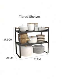 Double-Tier Countertop Storage Rack, Heavy-Duty Metal Kitchen Organizer Shelf For Plates, Bowls And Cookware - Black - View 6