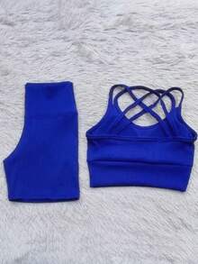 Ribbed Summer Set - Shorts And Top For Gym - Royal Blue - View 2