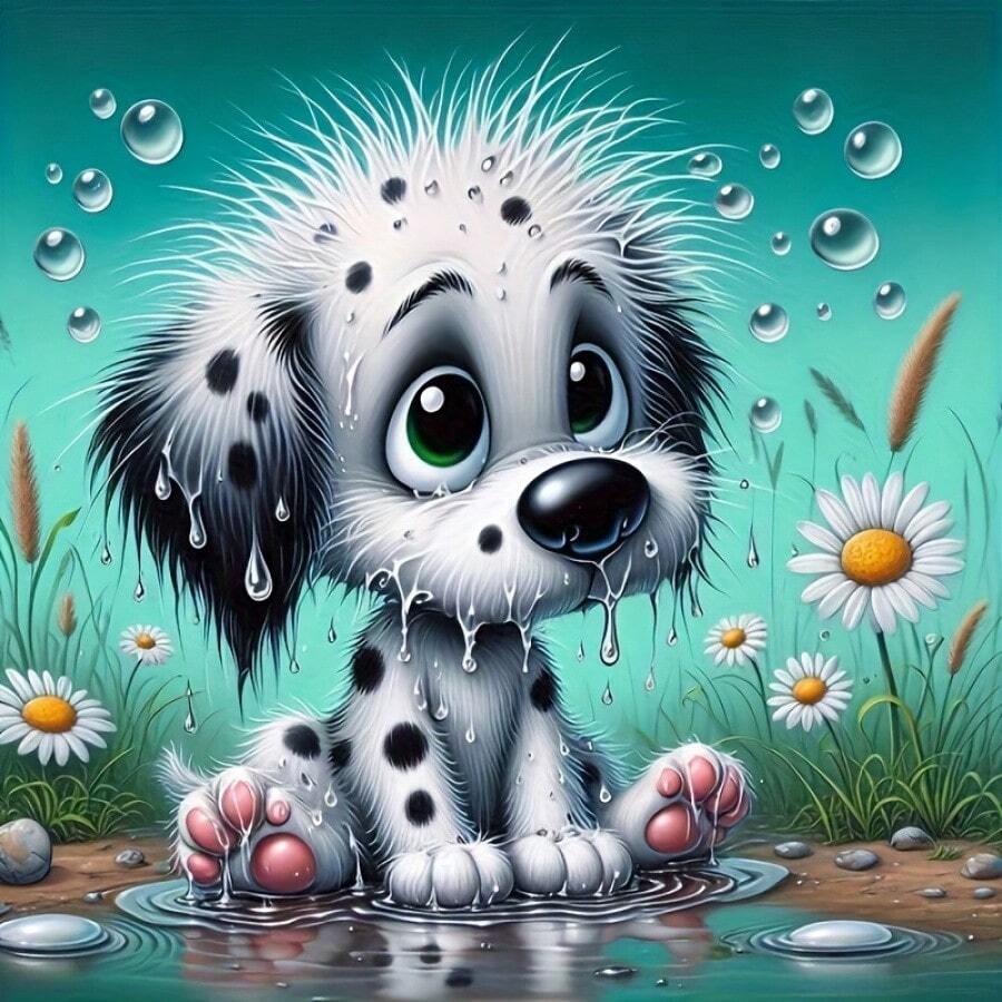 5D钻石画套装 - 可爱小狗图案，大颗圆形钻石，DIY家居装饰，适合墙面或桌面展示，完美的节日礼物，钻石画