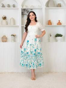 Elegant Midi Dress In Printed Cotton Fabric With Short Sleeves. - 薄荷藍 - 查看 1