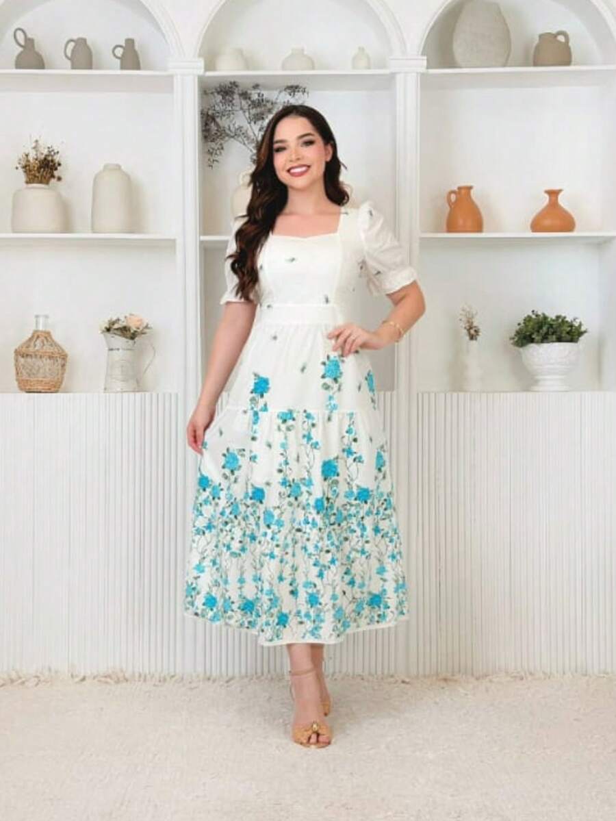 Elegant Midi Dress In Printed Cotton Fabric With Short Sleeves. - 薄荷藍 - 查看 1