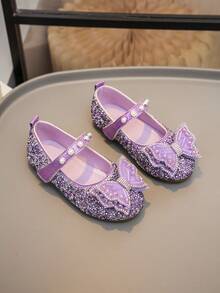 1 đôi giày bệt PU bóng cho bé gái, đính sequin và đá lấp lánh, thiết kế hở mũi với nơ ngọc trai, thích hợp cho tiệc tùng, hoạt động ngoài trời, mùa xuân/hè/thu. - Màu tím - Xem 2