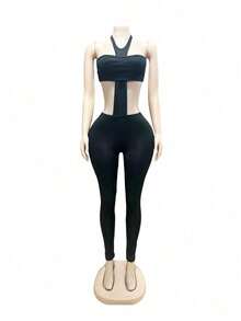 Sexy Waist Hollow Jumpsuit Nightclub Spice Style Slim Slim And Thin Spice Girl Tight Slim Tube Top Neck Trousers Two-Piece Set - 黑色 - 查看 6