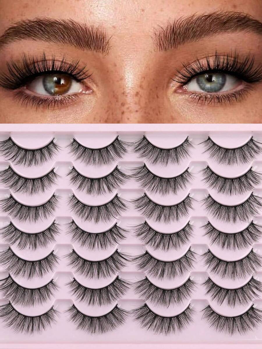 LIMEIKAI 14 Paar Falsche Wimpern, 15mm 3D Wimpern, natürliches Aussehen, flauschige Katzenaugen, feine Wimpern