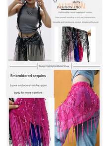 1pc Women's Belly Dance Costume, Sequin Fringe Belly Dance Hip Scarf, Thai/Arabian Dance Skirt Waist Belt - Multicolor - View 3