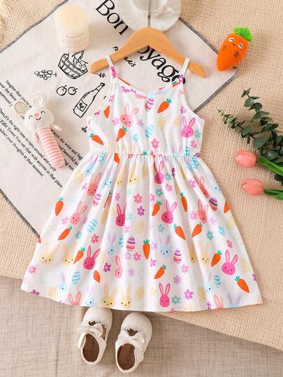 Young Girl Cute, Elegant, Sweet, Gift, Comfortable, Casual, Minimalist, Outdoor, Lady-Like, Gentle, Rainbow Egg, Cartoon Rabbit, Carrot, Floral Digital Print Easter Gift White Cami Dress, Suitable For Summer