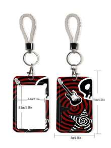 1个ABS红色吉他猫图案证件卡套，便携式夹子设计，适用于校园卡、身份证、交通卡、明星照片卡、钥匙链、包包挂件