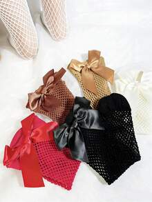 2 Pairs Baby Black & White Solid Color Bow Mesh Socks, Bow Decor Mesh Socks Versatile Casual Daily Wear, Non-Binding Minimalist Solid Color Summer Socks - Black and White - View 2