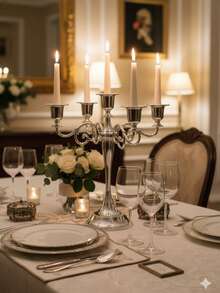 一套五臂螺旋纹烛台。金属材质，造型完整。整体设计体现欧式轻奢美学；底座和烛杯边缘饰有精致的雕刻图案，烛臂则采用卷曲的螺旋纹样。 - 彩色 - 查看 9