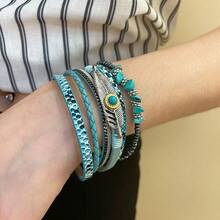 1pc Bohemian Style Beaded, Feather & Leather Women Bracelet, Creative Vintage Turquoise Magnetic Clasp Wristband, Versatile For Party And Daily Wear - Bracelet - View 2