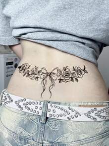 黑色大号胸部临时纹身贴纸，浪漫情人节玫瑰/野玫瑰/蝴蝶结/新月/流苏维多利亚复古风格性感临时纹身贴纸，适用于胸部、腹部和背部，DIY嘉年华/情人节/派对/节日礼物，防水逼真身体纹身贴纸，1包 - 黑色 - 查看 2