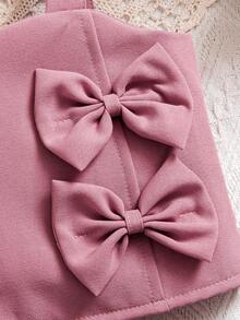 2pcs/Set Girls Cute Pink Outfit: Bow Strap Camisole + Side Button Shorts, Refreshing Summer Wear For Toddlers - Pink - View 7