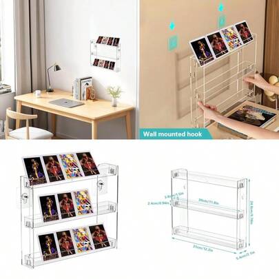 3 Tier Trading Card Display Holder Wall Mounted Clear Acrylic Removable Floating Storage Shelf For Sport Football Softball Card CD Badge Sticker 12.2 X 2.1 X 9.7 Inch