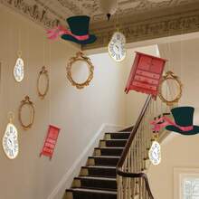 Soulchen 20 Pcs Wonderland Tea Party Decoration Hanging Banner Wonderland Cabinet Mirror Hat Clock Garland Decoration Background For Birthday Baby Shower Party Supplies - ColorF - 查看 5