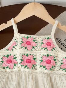 Baby Girls' Floral Patchwork Chiffon Solid Color Sleeveless Jumpsuit, Suitable For Beach Vacation In Summer - Apricot - View 4