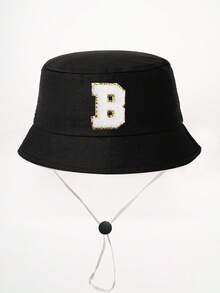 1顶26字母印花儿童渔夫帽+可拆卸防风绳，可调节户外遮阳帽，适合男孩女孩，春秋季旅行、海滩、度假 - 黑色 - 查看 23