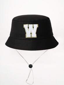 1顶26字母印花儿童渔夫帽+可拆卸防风绳，可调节户外遮阳帽，适合男孩女孩，春秋季旅行、海滩、度假 - 黑色 - 查看 30