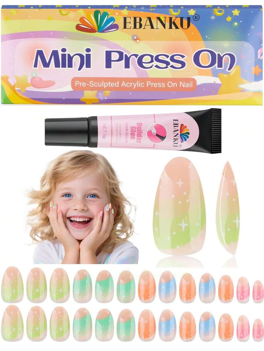 Bộ móng tay giả EBANKU 26 chiếc dành cho trẻ em, móng tay giả ngắn phù hợp cho bé gái - Nhiều màu - Xem 1