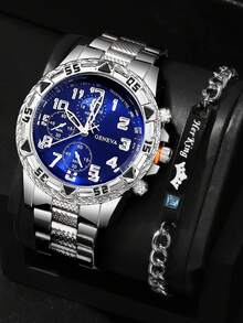 2pcs/Set Jam Tangan Quartz Pria Bisnis Modis dengan Tali Baja Hitam Bulat, Dipadukan dengan Gelang Berlian, Set Hadiah Kombinasi, Cocok untuk Liburan, Pesta, Bisnis, dan Pemakaian Sehari-hari - Biru - View 5