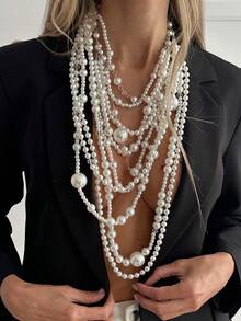 1件波西米亚风多层仿珍珠时尚女士十字链项链，奢华复古夸张项链，适合日常、节日、派对等场合，百搭珠宝，女士礼物之选 - 項鍊 - 查看 5