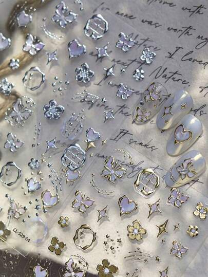 2 Pieces Of Valentine's Day Embossed Nail Art Stickers Y2K Retro European Hot Stamping And Hot Silver Masonry Enamel Butterfly And Flower Shooting Star Love Art Pattern Y2K Nail Art Decoration Stickers Suitable For Nails/Mobile Phone Cases/Book Packaging Girly Heart Nail Art Design Holiday Gift DIY Handmade Decoration Stickers