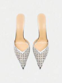 European And American Style Mesh Openwork High Heels For Women, High-End Breathable Metal Pointed Toe, Back Strap, Woven Stiletto Heel, Closed Toe Sandals - Silver - View 3
