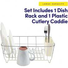 Dish Drying Rack & Cutlery Holder 2 Piece Set - Compact Sink-Fitting Dish Drainer With Rubberized Undercoating, Space-Saving Kitchen Organizer For Plates, Cups, Bowls & Utensils In Sink, Ivory,39981633 - 霧霾藍 - 查看 5