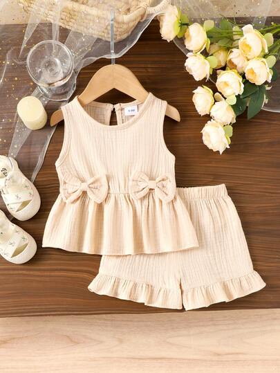 2 piezas Conjunto de top de chaleco y pantalones cortos cómodo y sencillo para niñas bebé, casual de verano