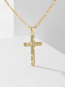 1件欧美经典铜镶嵌锆石十字架吊坠项链，限量版“守护之光”，适合作为圣诞节/感恩节/万圣节/母亲节/情人节礼物送给情侣/朋友/教父母，也适合天主教初领圣体、日常及节日佩戴祈祷。 - 金黃色 - 查看 2
