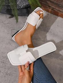 Women's Minimalist Double Splice Strap Flat Slippers, White Lychee Pattern PU Leather Square Toe Slides, Spring Summer Non-Slip Sandals For Beach Vacation Dating Daily Wear - White - View 2