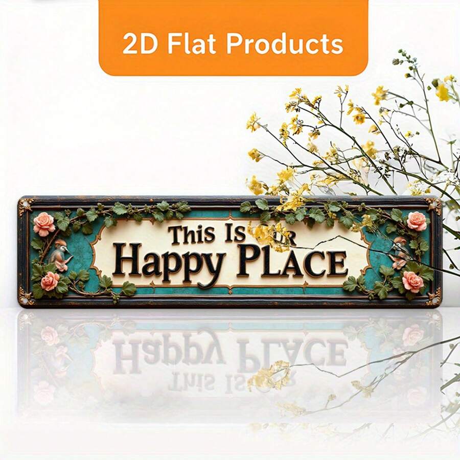 1pc 2D Vintage "This Is Our Happy Place" Metal Wall Decor - Green & Rose Accents - Sturdy Farmhouse Style Iron - Pre-Drilled Easy Hanging - Perfect Housewarming Gift, For Home, Office, Porch - 9.91x39.88cm - No Wiring Needed, Floral Design, Solid Construction, Motto Plaque, Home Decor, 2D Flat - Multicolor - View 1