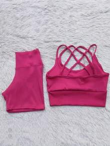 Ribbed Summer Set - Shorts And Top For Gym - Hot Pink - View 2