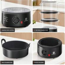 3 Tier Food Steamer. 5L Vegetable Steamer Cooker With Stackable Baskets And Rice Bowl 60 Minute Timer 550W Boiler Healthy Cooking Rice Fish Meat Dumplings - Black - View 8