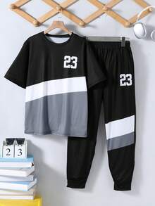 2件套青少年撞色23号印花短袖T恤和运动裤，休闲运动套装，适合日常、上学和轻度社交场合，春夏款 - 彩色 - 查看 7
