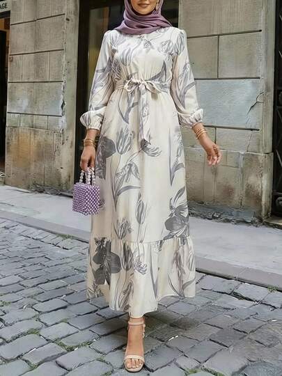 SuofeiMan 女士优雅印花弹力腰荷叶边阿拉伯风格连衣裙，适合日常休闲、旅行、度假或派对等场合，春季款。