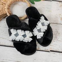 Women's Floral Print Fabric Criss-Cross Strap Slippers, Fashionable Casual Lace Home Slippers, Autumn/Winter - Black - View 12