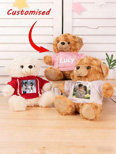 Customizable Photo Teddy Bear Plush Doll, Personalized Name Stuffed Animal Gift, Valentine's Day/Birthday Gift, Customized Photo/Name Hooded Cute Plush Doll