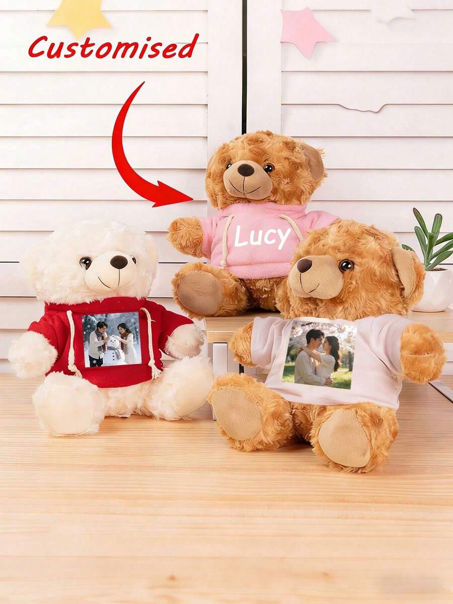 Muñeco de peluche de oso de peluche personalizable con foto, regalo de animal de peluche relleno con nombre personalizado, regalo del Día de San Valentín/cumpleaños, muñeco de peluche lindo con capucha personalizada con foto/nombre - Multicolor - Ver 1