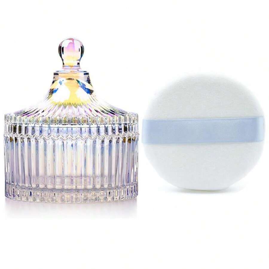 Ultra Soft Powder Puff And Container 3.3" High Density Velvet Dusting Washable Reusable Powder Puff,Body Powder Puff And Glass Jar Holder Loose Powder Box With Puff For Face Makeup(Dazzling Colors) - ColorE - 查看 1