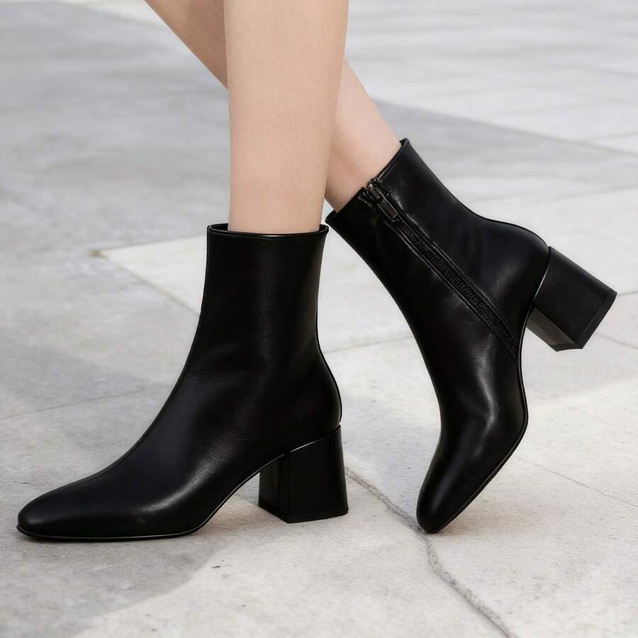 Women's Square-Toe Chunky Heel Ankle Boots, Soft Leather Stretch Slim Boots, Versatile Commuter Boots In Black, White, And Red. - màu đen - Xem 1