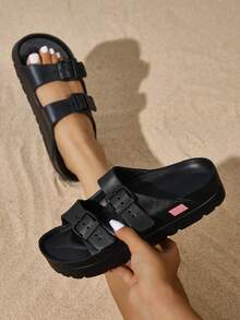 Nuevas sandalias de moda para mujer, zapatos de plataforma versátiles con suela gruesa, EVA ligera, cómodos, suaves, estables, con doble hebilla ajustable, premium, para fiesta, playa, oficina, caminar, con absorción de impactos - Negro - Ver 10