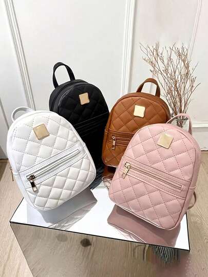1 pieza Mochila acolchada bordada para niñas, bordado de patrón de diamante clásico y elegante, decoración con bolsillo con cremallera, adecuada para compras y diversas ocasiones, gran regalo