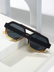 1pc Unisex Square Frame Minimalist Stylish Fashion Glasses, Suitable For Travel, Casual, Party, Beach, Daily Wear - Tea Leaves Above, Yellow Frame and Gray Panel Below - View 3